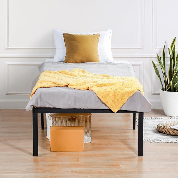 Olee Sleep 18 Inch Heavy Duty Steel Slat Anti-Slip Support, Easy Assembly Platform Bed Frame, Noise Free Steel Mattress Foundation, Maximum Storage, No Box Spring Needed, Black, Twin Size