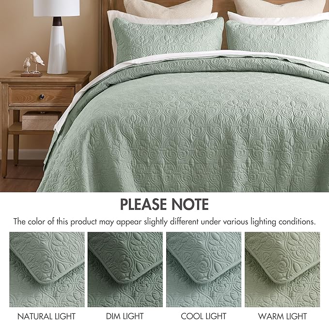 Madison Park Quebec King Size Quilt Bedding Set - Seafoam , Damask – 3 Piece Bedding Quilt Coverlets – Ultra Soft Microfiber Bed Quilts Quilted Coverlet