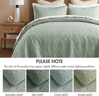 Madison Park Quebec King Size Quilt Bedding Set - Seafoam , Damask – 3 Piece Bedding Quilt Coverlets – Ultra Soft Microfiber Bed Quilts Quilted Coverlet