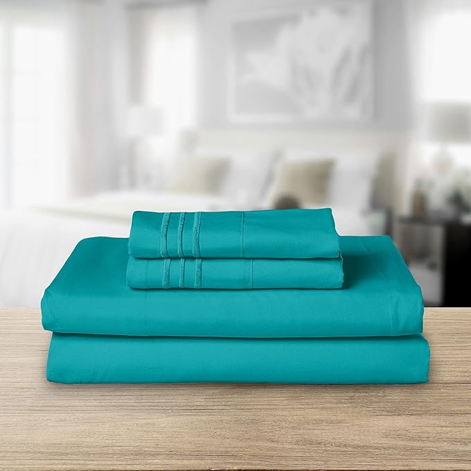 Elegant Comfort Luxurious 1500 Premium Hotel Quality Microfiber Three Line Embroidered Softest 4-Piece Bed Sheet Set, Wrinkle and Fade Resistant, Full, Turquoise