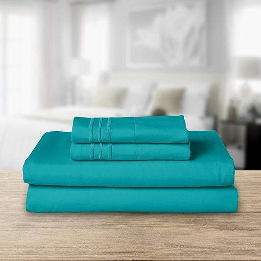 Elegant Comfort Luxurious 1500 Premium Hotel Quality Microfiber Three Line Embroidered Softest 4-Piece Bed Sheet Set, Wrinkle and Fade Resistant, King, Turquoise