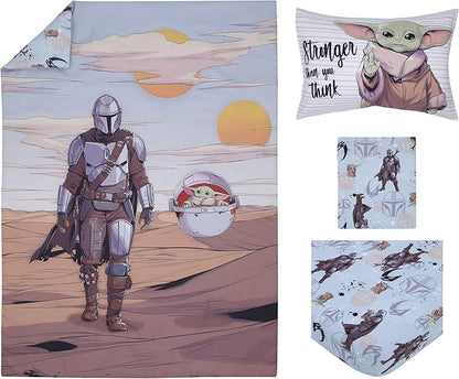 Disney Star Wars The Mandalorian Grey, Tan and Blue 4 Piece Toddler Bed Set - Comforter, Fitted Bottom Sheet, Flat Top Sheet, and Reversible Pillowcase