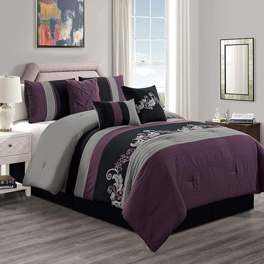 Chezmoi Collection Napa 7-Piece Luxury Leaves Scroll Embroidery Bedding Comforter Set (King, Purple/Black/Gray)