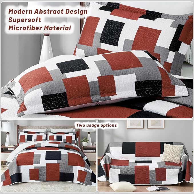 3 Piece Burnt Orange Grey Quilt Set Full/Queen Size Black White Gray Geometric Reversible Bedding Set Microfiber Lightweight Bedspread Coverlet with 2 Shams Bed Covers for All Season, 90''x96''