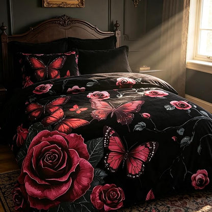 Vintage Floral Comforter Set Queen Size, Black Black Red Floral Bedding Set for Gothic Bedroom Decor, 3 Pieces Soft Microfiber Lightweight Comforter Set with 2 Pillowcases, 90"x90"