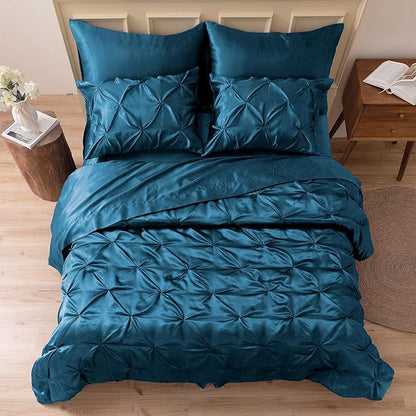 MR&HM Satin Comforter Twin 5 Pieces - Luxurious Pinch Pleat Bedding Set with Comforter, Flat Sheet, Fitted Sheet, Pillowcase & Sham, Super Silky Soft Bed Set for All Season (Twin, Teal)