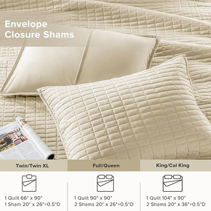 Comfort Spaces Kienna Quilt Set- Double Sided Stitching Design Summer Blanket, Lightweight, Soft, All Season Bedding Layer, Matching Sham, Ivory, Coverlet Full/Queen(90"x90") 3 Piece
