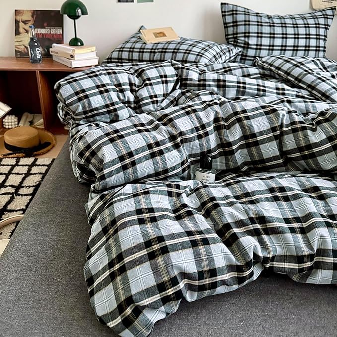 MKXI Twin XL Buffalo Plaid Duvet Cover - Washed Cotton Farmhouse Bedding Set, Lightweight Breathable Reversible Comforter Cover, Gray Black Yellow Checkered