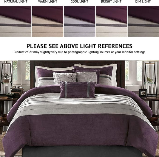 Madison Park Palmer Comforter Set - Faux Suede Design, Striped Accent, All Season Down Alternative Bedding, Matching Shams, Decorative Pillow, Bed Skirt, King (104 in x 92 in), Purple 7 Piece