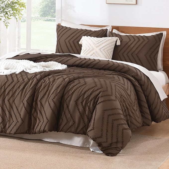 Litanika Brown California King Comforter Set, 3 Pieces Cal King Oversized Chevron Tufted Boho Bedding Comforter Sets, Fluffy Bed Set (104x96In Comforter & 2 Pillowcases)