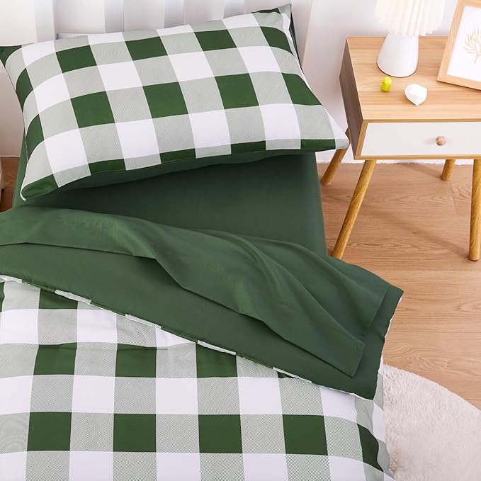 Wake In Cloud - Gingham Toddler Bedding Set for Girls Boys, Cute Plaid Buffalo Check, 4 Pieces Soft Crib Bed Set Including Comforter, Sheets and Pillowcase, Olive Green
