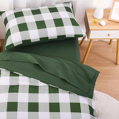 Wake In Cloud - Gingham Toddler Bedding Set for Girls Boys, Cute Plaid Buffalo Check, 4 Pieces Soft Crib Bed Set Including Comforter, Sheets and Pillowcase, Olive Green