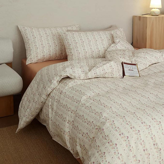 Floral Comforter Twin XL Cotton Boho Bedding Set Fluffy Girls Down Alternative All Season Bedding Comforter Sets Cozy Light Weight Cute Farmhouse Bed Comforter with 2 Pillowcases