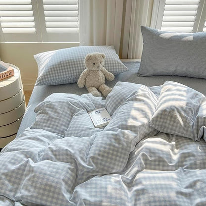 LifeTB Blue Gingham Comforter Set King 3 Pieces Blue Plaid Grid Comforter Set Geoometric Checkered Pattern Comforter with 2 Pillowcases Lightweight Soft Farmhouse Gingham Plaid Bedding Set