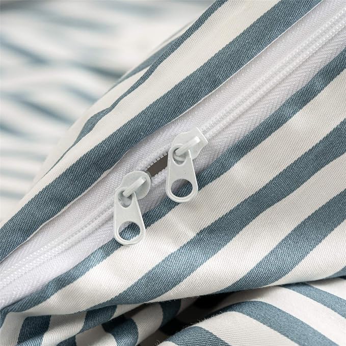 JELLYMONI 100% Natural Cotton 2pcs Striped Duvet Cover Sets,White Duvet Cover with Grayish Blue Stripes Pattern Printed Comforter Cover,with Zipper Closure & Corner Ties(Twin Size)