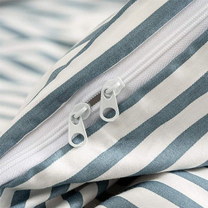 JELLYMONI 100% Natural Cotton 2pcs Striped Duvet Cover Sets,White Duvet Cover with Grayish Blue Stripes Pattern Printed Comforter Cover,with Zipper Closure & Corner Ties(Twin Size)