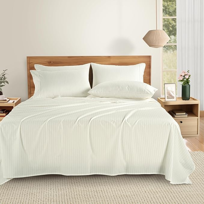 Casa Platino Sheets Cal King Size Bed Set – 100% Cotton Sheet Set Cal King Crisp Percale Weave with 4 Pillowcases, with 15" Deep Pocket Fitted Sheet for Secure Fit, Ultra Soft & Breathable – Sandora