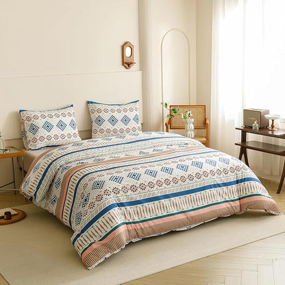 KAREVER Boho Comforter King Aztec Bedding Set Southwest Theme 3 PCs Bohemian Comforter Set Blue White King Size Comforter (104x90 Inches) with 2 Pillowcases (26x36 inches)