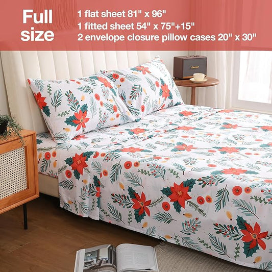 JSD Floral Printed Sheet Set Full Size 4 Piece, Poinsettia Pattern Microfiber Bed Sheets Extra Deep Pocket, Oeko-tex Certified