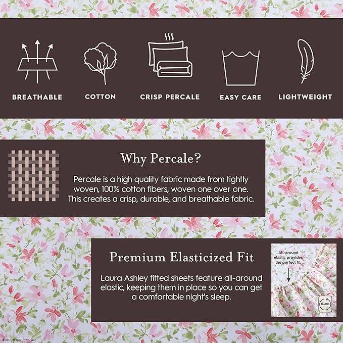 Laura Ashley - Twin Sheets, Cotton Percale Bedding Set, Lightweight & Breathable Home Decor, Dorm Room Essentials (Evie Yellow, Twin)