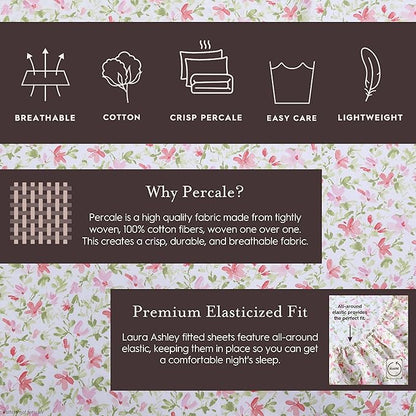 Laura Ashley - Twin XL Size Sheet Set, Crisp & Cool Sheets w/a Naturally Smooth Cotton Percale Feel, Deep Pocket, Bed Sheets with Matching Fitted Sheet & Pillowcase (Loveston Pink)
