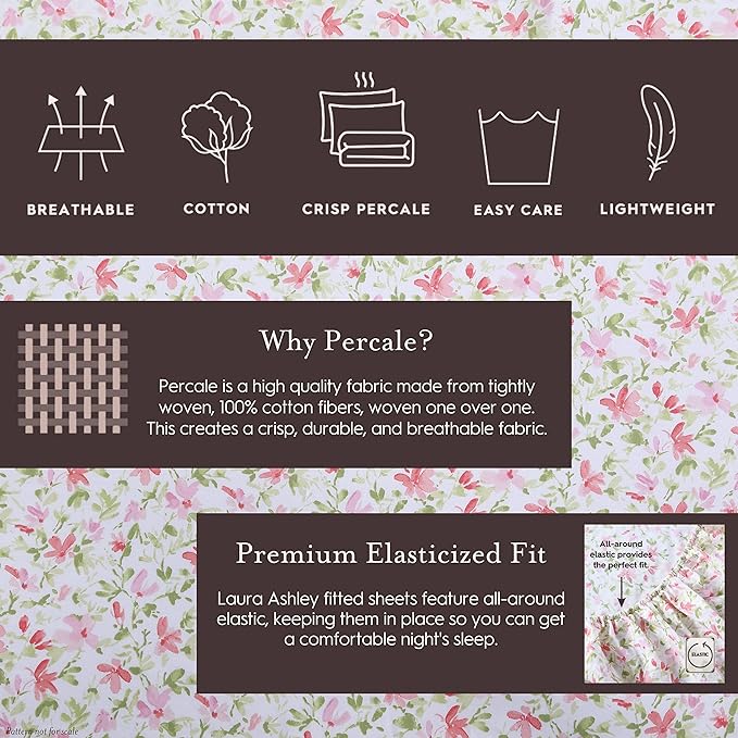 Laura Ashley - Standard Pillowcase Set, Breathable Percale Cotton Bedding, Crisp & Cool for Year Round Use, Coquette Room Decor (Loveston Pink, 2 Piece)