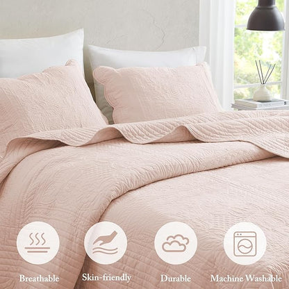 Madison Park Queen Quilt Set Damask Coverlet Set for Queen Size Bed, Cottage Oversized Quilt Set, Scallop Edge, All Season, Pre-washed Cotton-Filled Queen Size Quilt, Tuscany, Full/Queen Blush 3 Piece