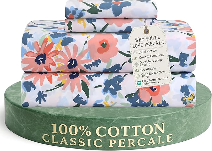 Feather & Stitch Softest 100% Cotton Sheets, 300 Thread Count Percale Weave Bedding, 16" Deep Pocket, Cooling Sheets, Breathable Bed Set, Hotel Premium Quality (Queen, Daisy Delight)
