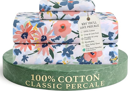 Feather & Stitch Softest 100% Cotton Sheets, 300 Thread Count Percale Weave Bedding, 16" Deep Pocket, Cooling Sheets, Breathable Bed Set, Hotel Premium Quality (Queen, Daisy Delight)