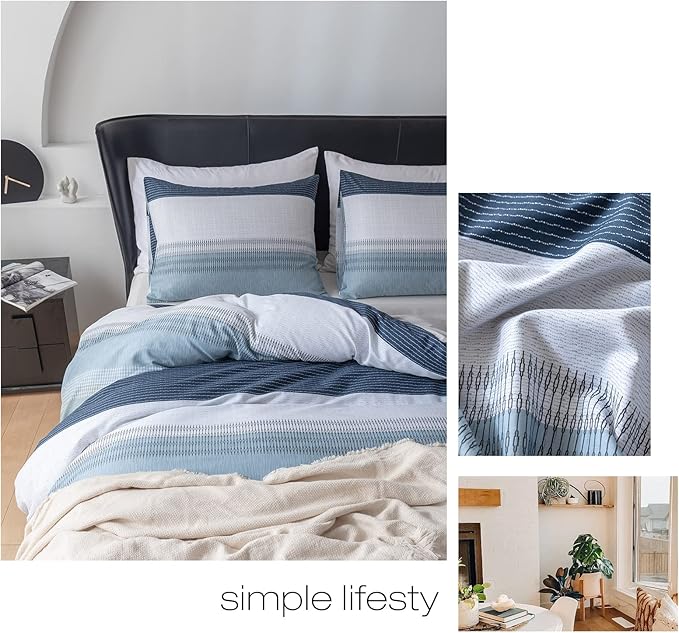 EAVD Cotton Duvet Cover Set White Gray Blue Striped Duvet Cover King Geometric Pattern Bedding Set with 2 Pillowcases Modern Style Striped Comforter Cover with Zipper Closure