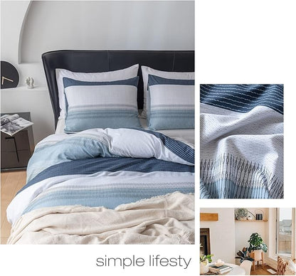 EAVD Cotton Duvet Cover Set Twin White Gray Blue Striped Duvet Cover ModernStyle Geometric Striped Bedding Set for Boys Girls Simple Style Geometric Comforter Cover with Zipper Closure