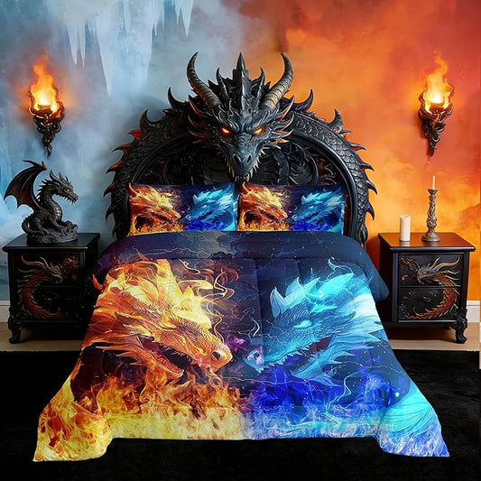 Ice Fire Dragon Comforter Set Full Size,Wildlife Pattern Bedding Set for Kids Boys Girls Room Decor,Cool Magical Style Microfiber Soft Quilt Set,Blue and Gold Animal Duvet Insert 3Pcs,2 Pillowcases