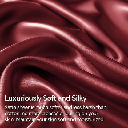 BEDELITE California King Sheets Set, Luxury Soft Burgundy Satin Sheets for Hair and Skin, Similar to Silk Bed Sheets Set 4 Pieces with 1 Deep Pocket Fitted Sheet, 1 Flat Sheet, and 2 Pillowcases