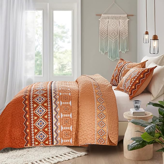 WONGS BEDDING Burnt Orange Boho Quilt Set Full, 3 Pieces Thanksgiving Quilt Bedspread Lightweight Fall Bohemian Coverlet Set, Soft Thanksgiving Bedding Set for All Season 78"×90"