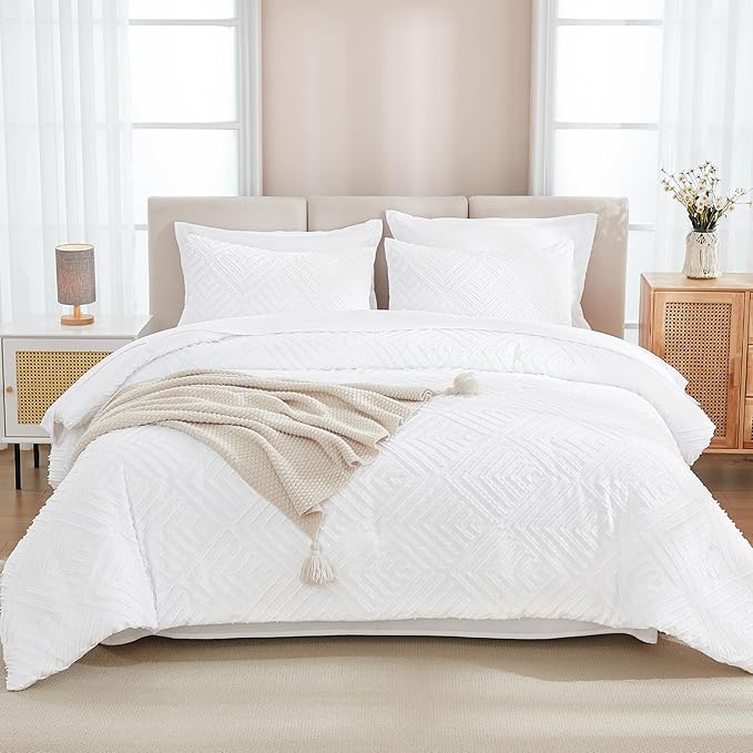 Andency White Comforter Queen Size Set with Sheets - 7 Pieces Boho Bed in a Bag Tufted Bedding Sets Lightweight All Season Bed Set with Comforter, Sheets, Pillowcases & Shams