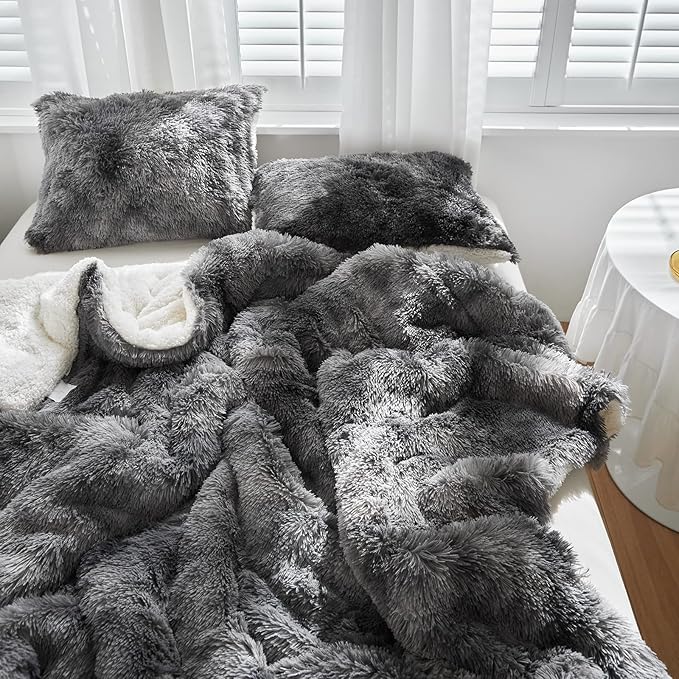 Luxury Faux Fur Shaggy Comforter Set Full/Queen Size, Plush & Sherpa Reversible Comforter Tie Dye Black, 3 Pieces Fluffy Fuzzy Bedding Set Ultra Soft and Warm for Winter (1 Comforter + 2 Pillowcases)