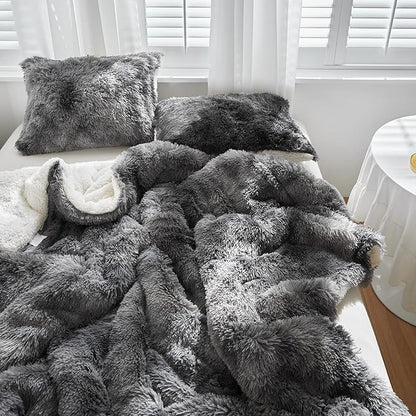 Luxury Faux Fur Shaggy Comforter Set Full/Queen Size, Plush & Sherpa Reversible Comforter Tie Dye Black, 3 Pieces Fluffy Fuzzy Bedding Set Ultra Soft and Warm for Winter (1 Comforter + 2 Pillowcases)