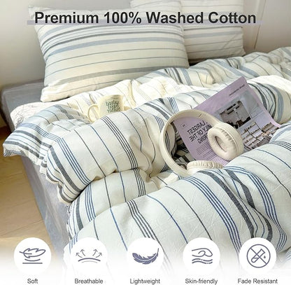 EAVD Vintage Blue Grey and White Striped Duvet Cover King Soft 100% Cotton Chic Stripes Bedding Set with 2 Pillowcases Retro Geometric Duvet Cover with Zipper Closure Corner Ties