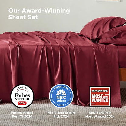 Bedsure Queen Sheet Set, Rayon Derived from Bamboo, Cooling Sheets, PureWoven, Breathable & Soft, Deep Pocket Up to 16 Inches, Hotel Luxury Silky Bedding for Hot Sleepers, Burgundy