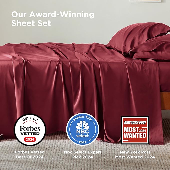 Bedsure Full Size Bed Sheets, Cooling Sheets, Rayon Derived from Bamboo, PureWoven, Breathable & Soft, Deep Pocket Up to 16 Inches, Hotel Luxury Silky Bedding for Hot Sleepers, Burgundy
