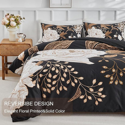 mixinni Floral Duvet Cover King Size, 3 Pieces White Flowers and Gold Leaves Printed on Black Bedding Set, Soft Premium Cotton Reversible Elegant Floral Duvet Cover Set for All Season-King Size