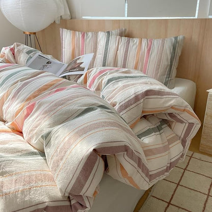 VM VOUGEMARKET Striped Duvet Cover Set Queen Washed Cotton Bedding Multicolor Stripes Duvet Cover with 2 Pillowcases for Girls Women(Orange/Pink/Green/Coffee)