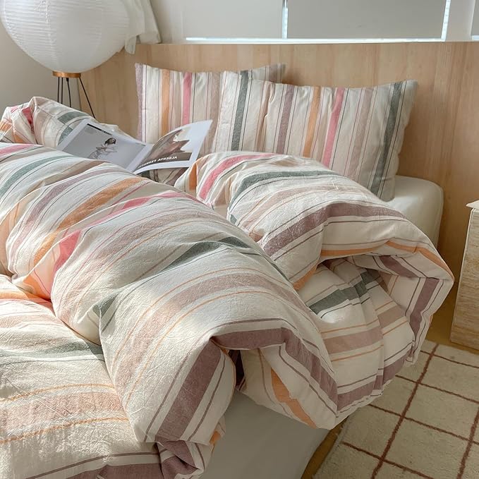 VM VOUGEMARKET Striped Comforter Set Queen Vertical Multicolor Stripes Cotton Bedding Comforter with 2 Pillowcases Modern Cozy Lightweight for Girls Women(Orange/Pink/Green/Coffee)