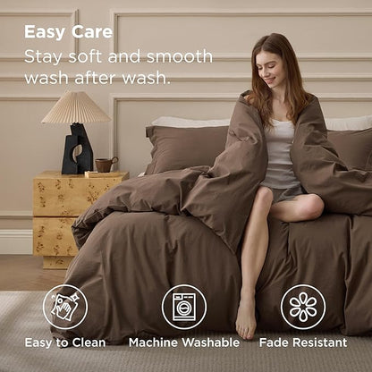 Bedsure 100% Washed Cotton Duvet Cover King Size - Brown Minimalist Bedding Set Linen Like - PureWoven Plain Simple & Soft Comforter Cover for All Seasons (Brown, King, 104"x90")