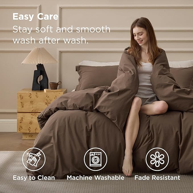 Bedsure 100% Washed Cotton Duvet Cover Oversized King - Brown Minimalist Bedding Set Linen Like - PureWoven Plain Simple & Soft Comforter Cover for All Seasons (Brown, Oversized King, 120"x98")