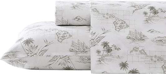 Tommy Bahama - Queen Sheets, Cotton Percale Bedding Set, Crisp & Cool, Stylish Bedding Set (Vintage Map Brown, Queen)