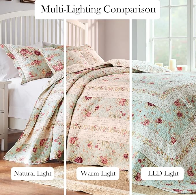 Greenland Home Antique Rose Jumbo Oversized 100% Cotton Bedding Set, Bedspread 120 W x 118 L with 2 Shams 20 W x 26 L Each, King (3 Piece), Blue