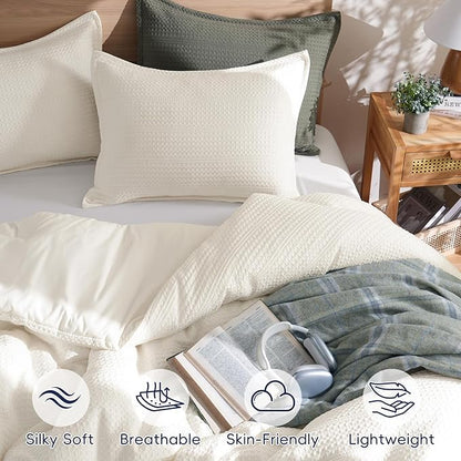 PHF 3 Pieces Cream Waffle Weave Comforter Set King Size - Ultra Soft Textured Waffle Comforter with 2 Pillow Shams, Lightweight Breathable Comfy Bedding Set for All Season, Cream