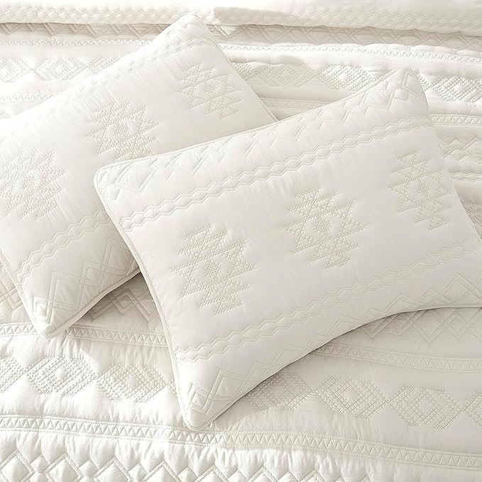WDCOZY Boho Ivory Quilts Queen Size Bedding Sets with 2 Pillow Shams, Cream White Farmhouse Lightweight Soft Bedspread Coverlet for All Season, 3 Pieces, 90x90 inches