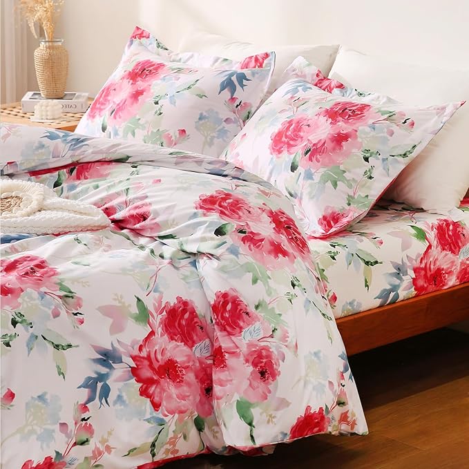 JSD Rose Floral Duvet Cover Set Queen Size, 3 Piece Soft Printed Microfiber Comforter Covers Zipper Closure